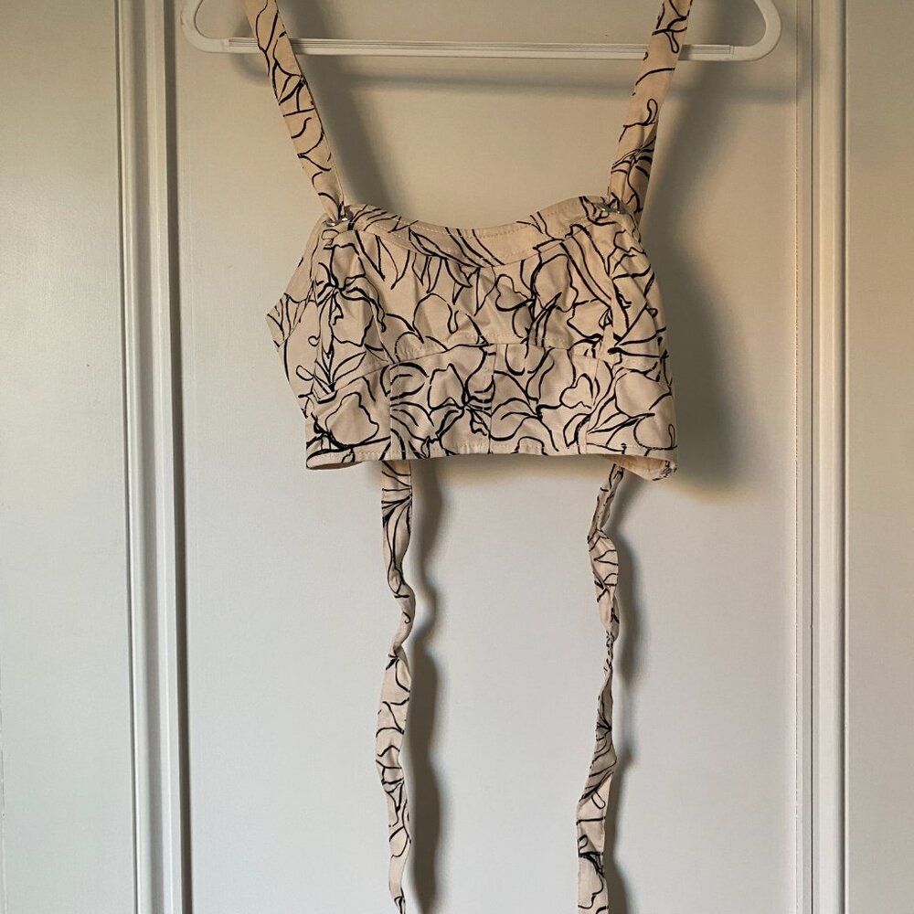 Jonathan Simkhai Cropped Cream and Black Floral Tie Top